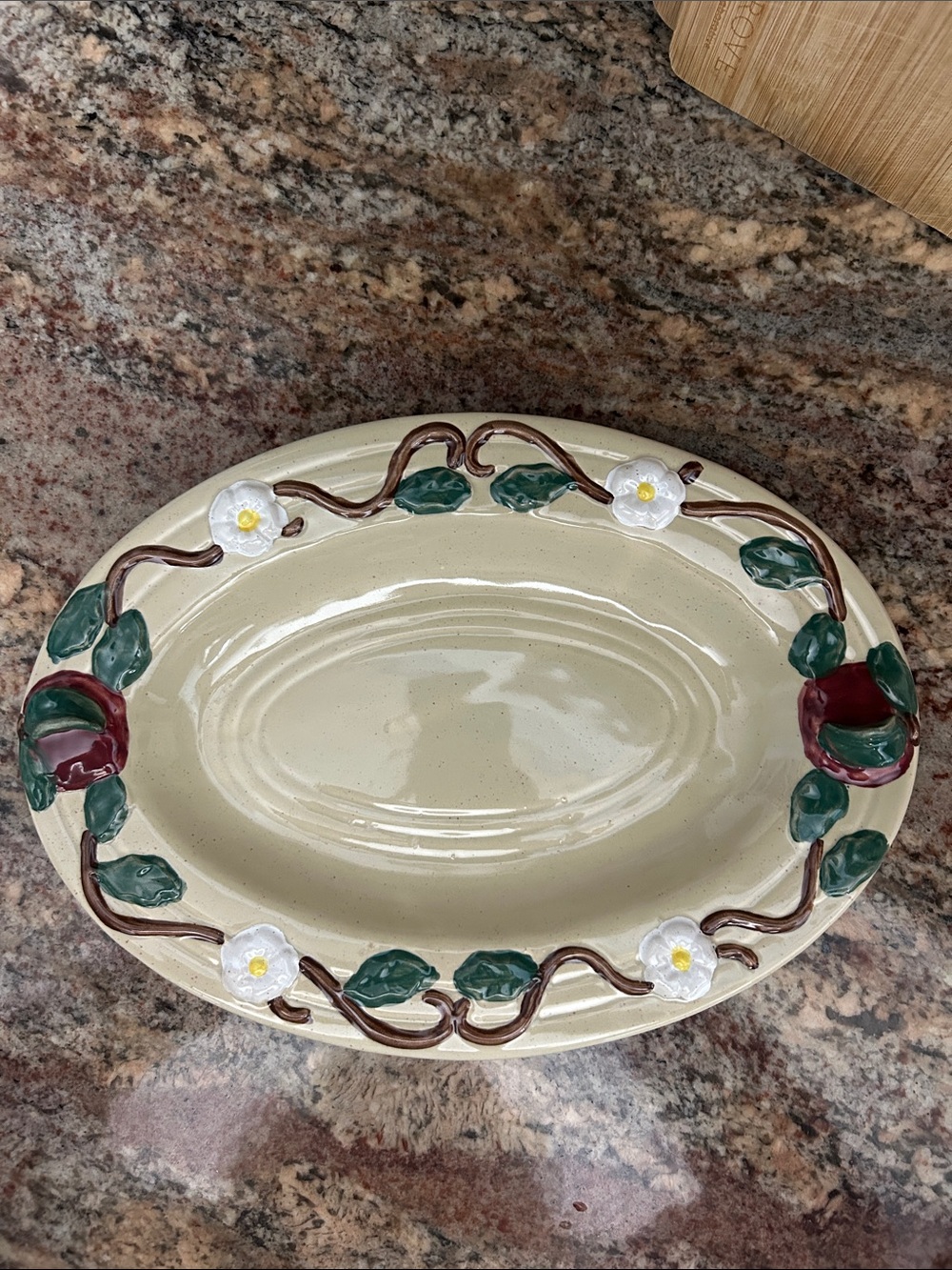 Hand-Painted Floral Ceramic Serving Platter - Cream with Green and Red Accents